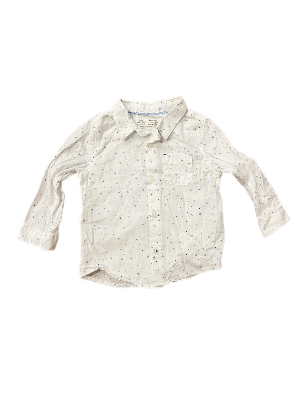 Zara Baby Boy 6-9m White Button-Down Shirt with Tiny Navy Triangles